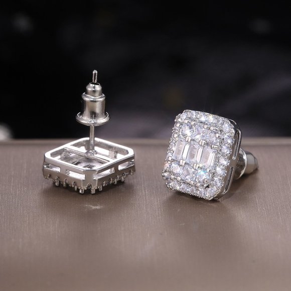 NEW Silver Baguette Round Diamond Stud Earrings - Picture 7 of 7
